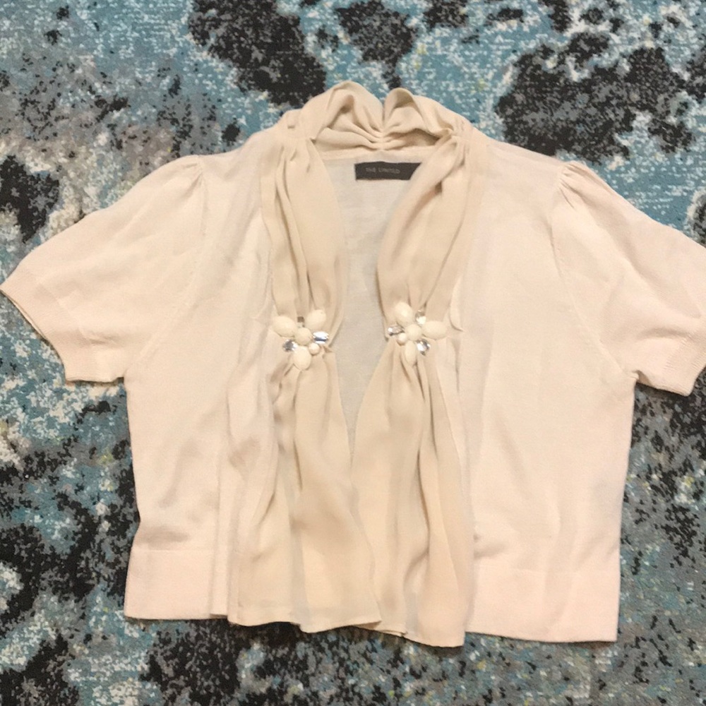 The Limited Cream Short Sleeve Shrug with Draped Scarf and Bead Accents - Picture 4 of 14